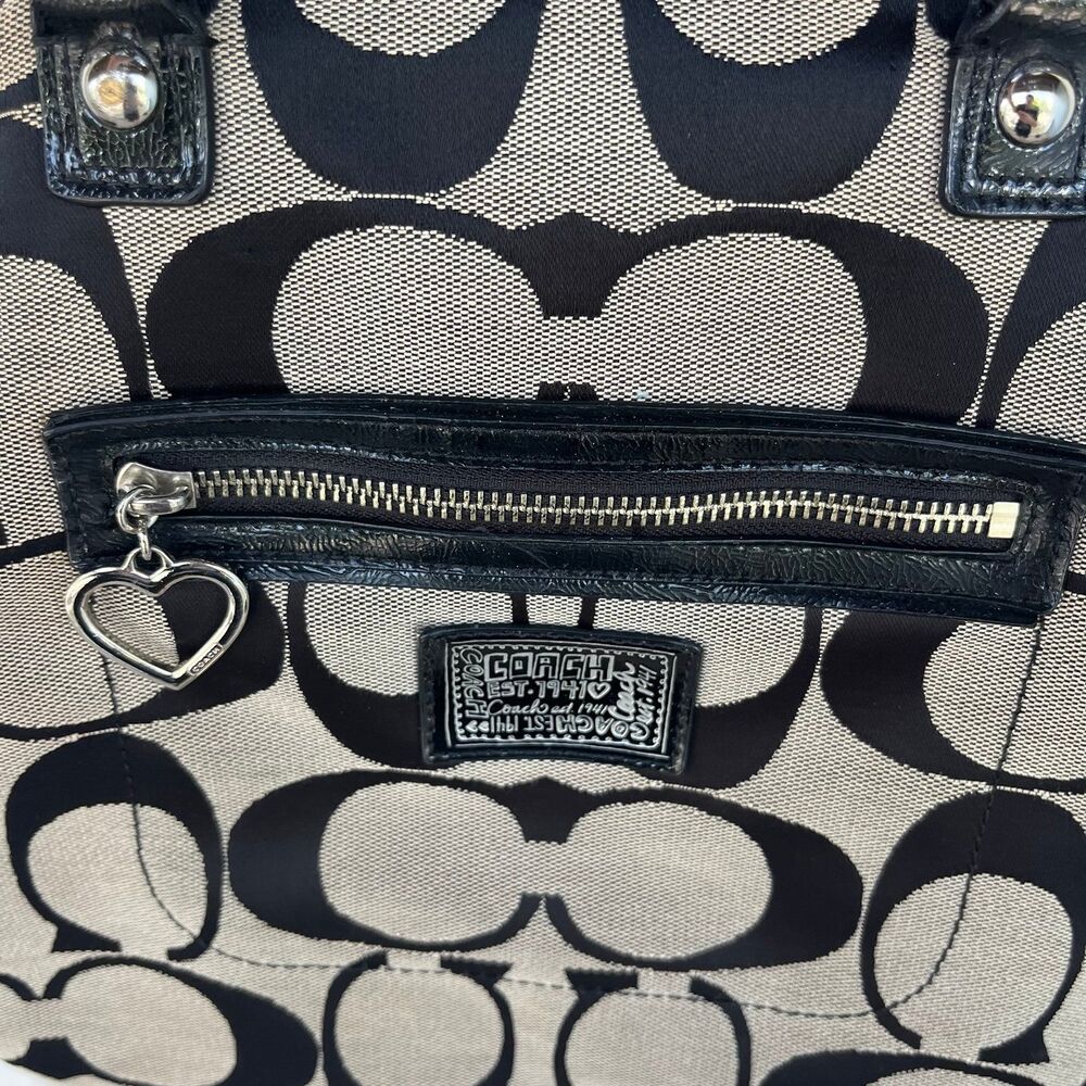 Coach Poppy Signature Dome Satchel Shoulder Bag Black Gray Metal Heart Charm - Picture 3 of 8